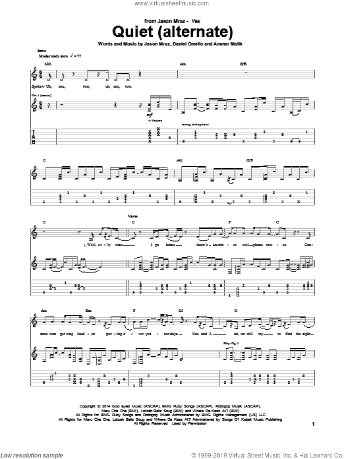 Quiet sheet music for guitar (tablature) by Jason Mraz, Ammar Malik and Daniel Omelio, intermediate skill level