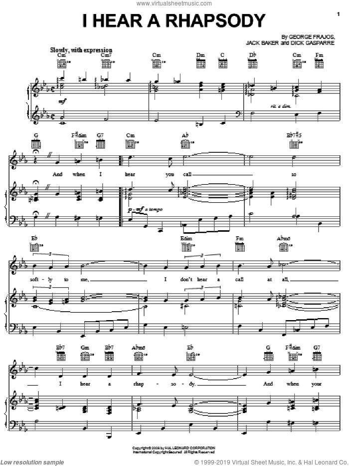I Hear A Rhapsody sheet music for voice, piano or guitar by Jack Baker, Dick Gasparre and George Frajos, intermediate skill level