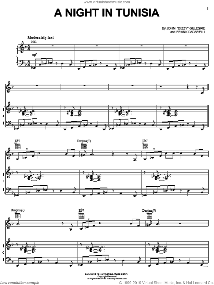 A Night In Tunisia sheet music for voice, piano or guitar by Dizzy Gillespie and Frank Paparelli, intermediate skill level