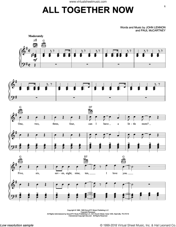 All Together Now sheet music for voice, piano or guitar by Paul McCartney, The Beatles and John Lennon, intermediate skill level