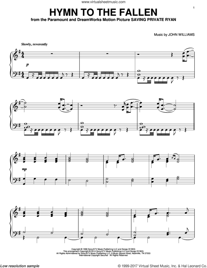 Hymn To The Fallen, (intermediate) sheet music for piano solo by John Williams, intermediate skill level