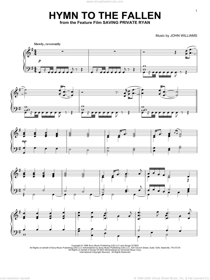 Hymn To The Fallen sheet music for piano solo by John Williams, intermediate skill level