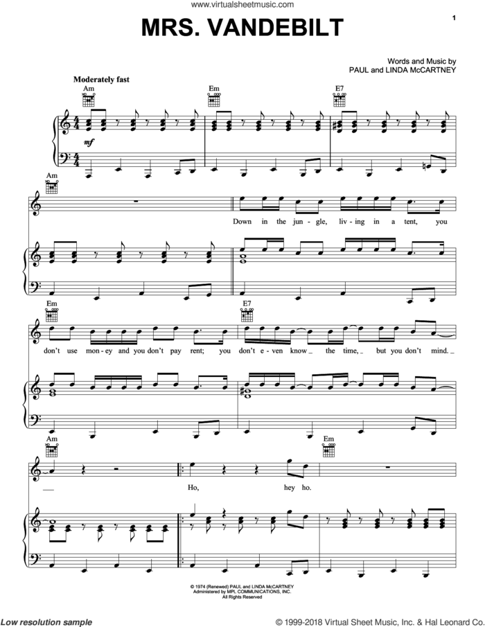 Mrs. Vandebilt sheet music for voice, piano or guitar by Paul McCartney and Linda McCartney, intermediate skill level