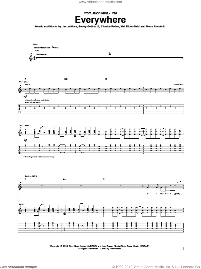 Everywhere sheet music for guitar (tablature) by Jason Mraz, Becky Gebhardt, Chaska Potter, Mai Bloomfield and Mona Tavakoli, intermediate skill level