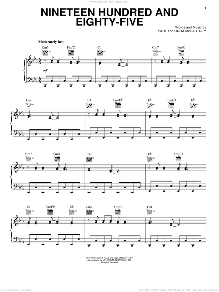 Nineteen Hundred And Eighty-Five sheet music for voice, piano or guitar by Paul McCartney and Linda McCartney, intermediate skill level