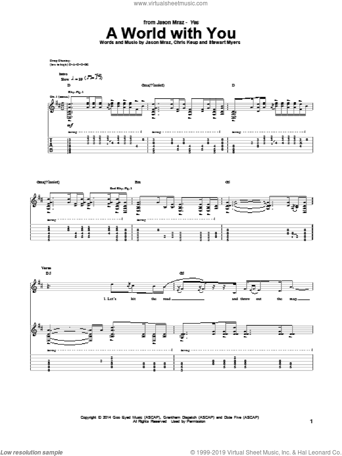 A World With You sheet music for guitar (tablature) by Jason Mraz, Chris Keup and Stewart Myers, intermediate skill level