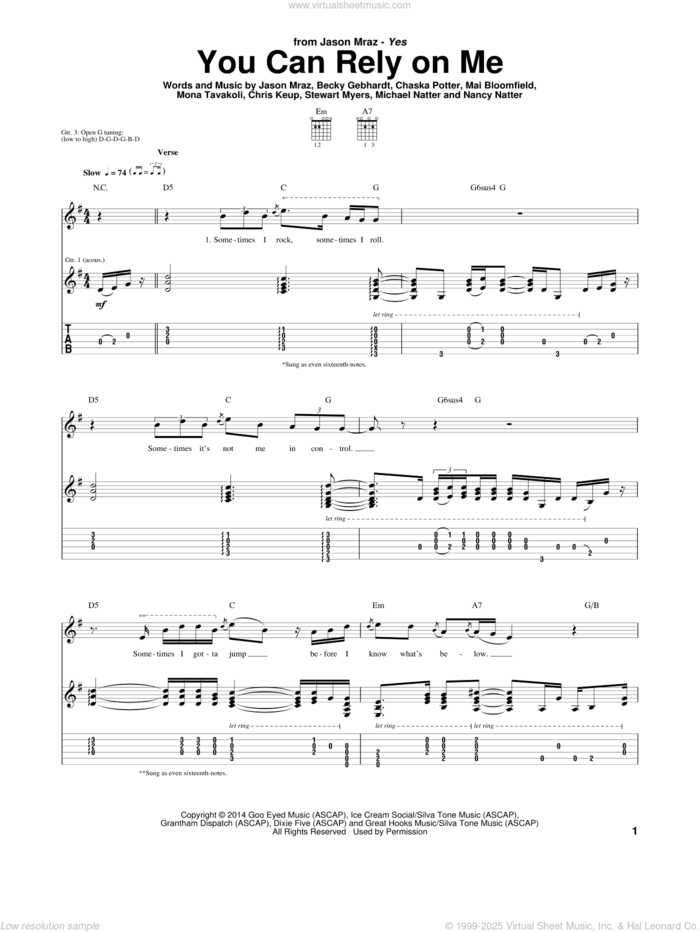 You Can Rely On Me sheet music for guitar (tablature) by Jason Mraz, Becky Gebhardt, Chaska Potter, Chris Keup, Mai Bloomfield, Michael Natter, Mona Tavakoli, Nancy Natter and Stewart Myers, intermediate skill level