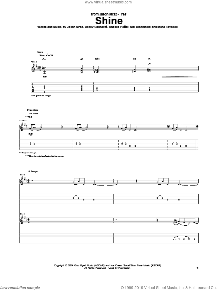 Shine sheet music for guitar (tablature) by Jason Mraz, Becky Gebhardt, Chaska Potter, Mai Bloomfield and Mona Tavakoli, intermediate skill level