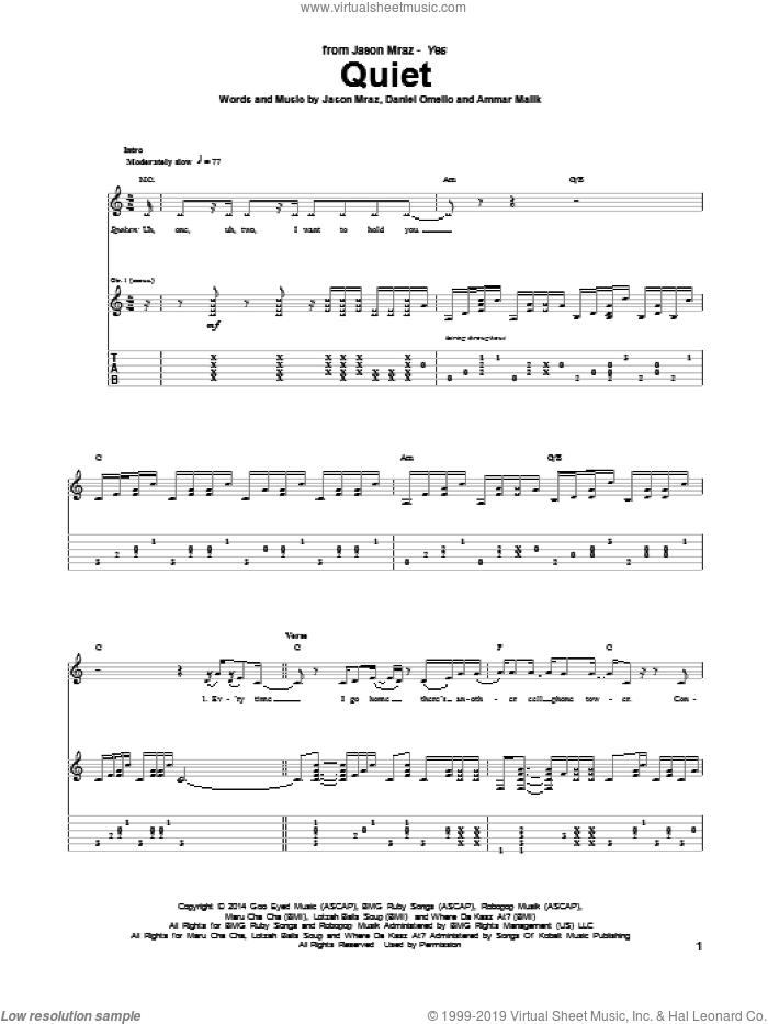 Quiet sheet music for guitar (tablature) by Jason Mraz, Ammar Malik and Daniel Omelio, intermediate skill level