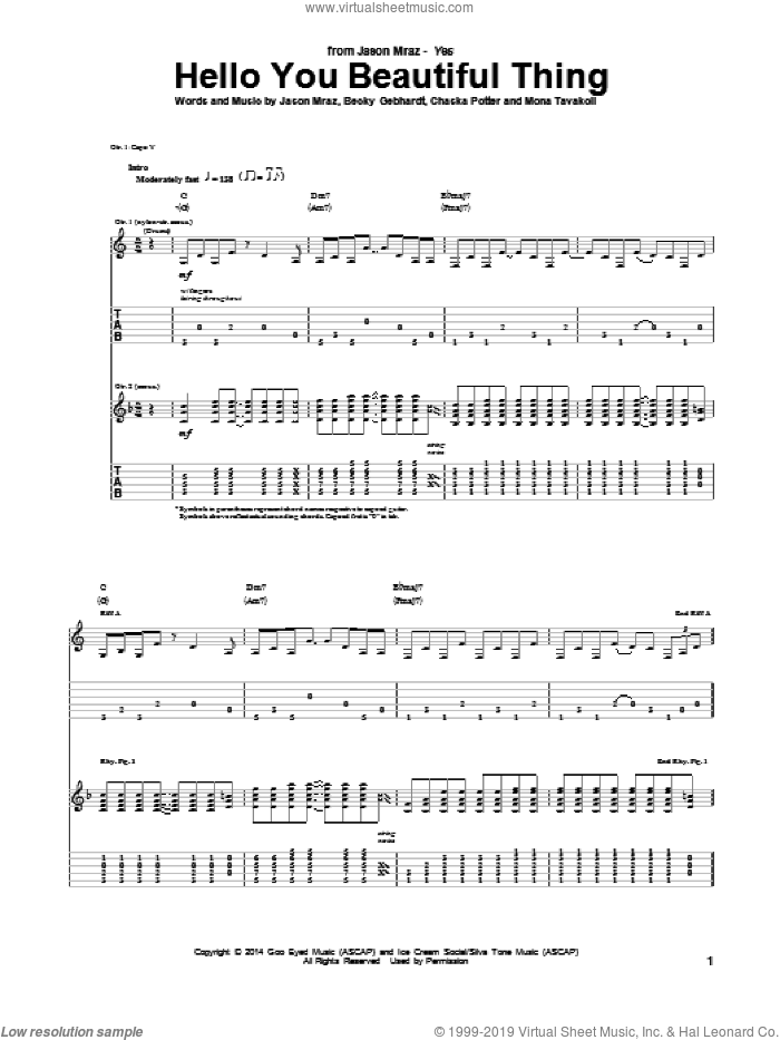 Hello You Beautiful Thing sheet music for guitar (tablature) by Jason Mraz, Becky Gebhardt, Chaska Potter and Mona Tavakoli, intermediate skill level