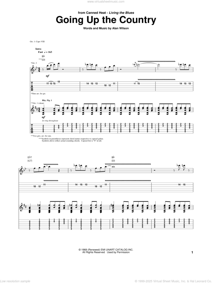 Going Up The Country sheet music for guitar (tablature) by Canned Heat and Alan Wilson, intermediate skill level