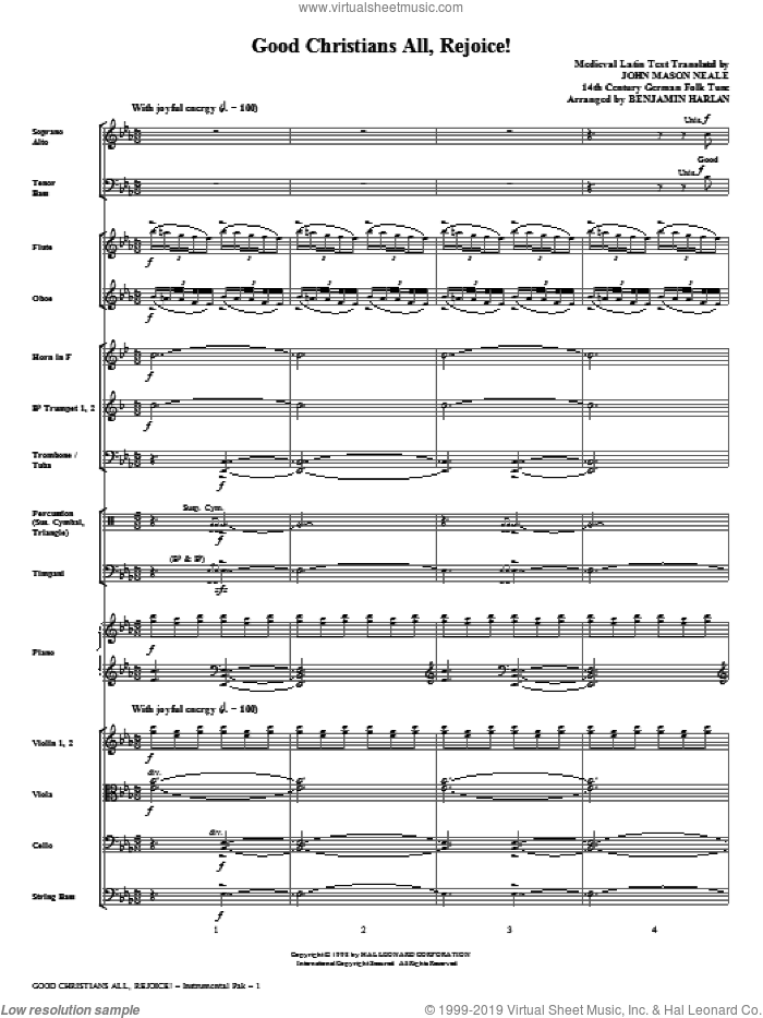 Good Christians All, Rejoice! (complete set of parts) sheet music for orchestra/band (Orchestra) by Benjamin Harlan, German Folk Tune, John Mason Neale and Medieval Latin, intermediate skill level