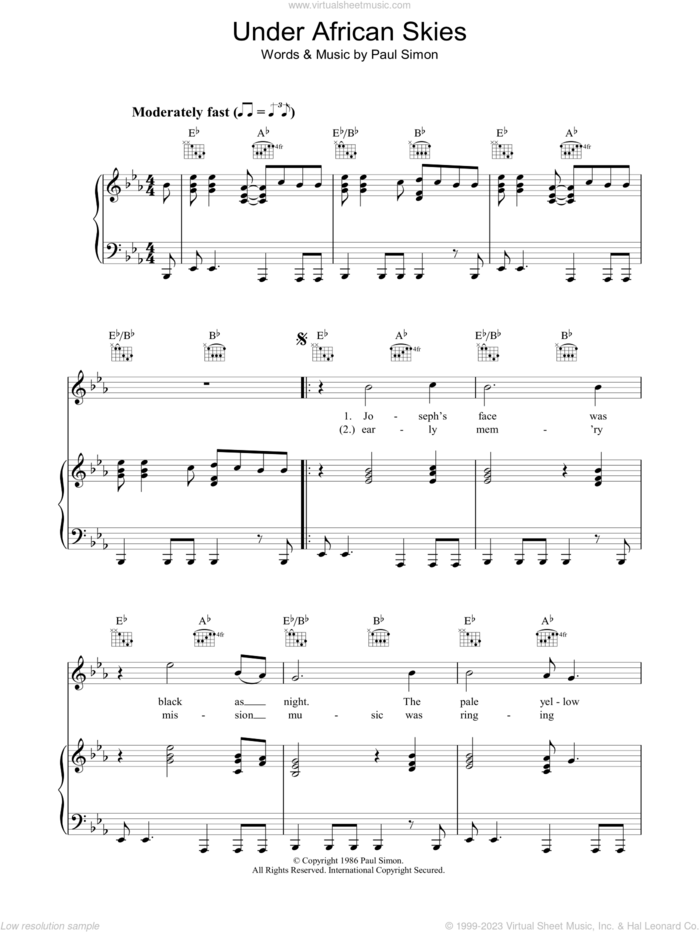 Under African Skies sheet music for voice, piano or guitar by Paul Simon, intermediate skill level