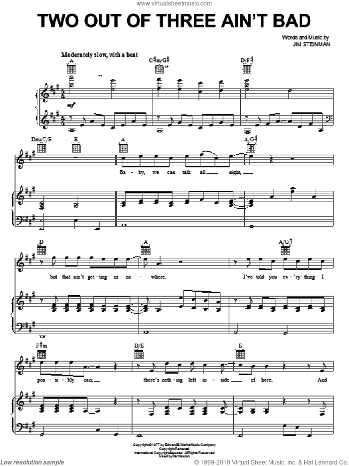 Two Out Of Three Ain't Bad sheet music for voice, piano or guitar by Meat Loaf and Jim Steinman, intermediate skill level
