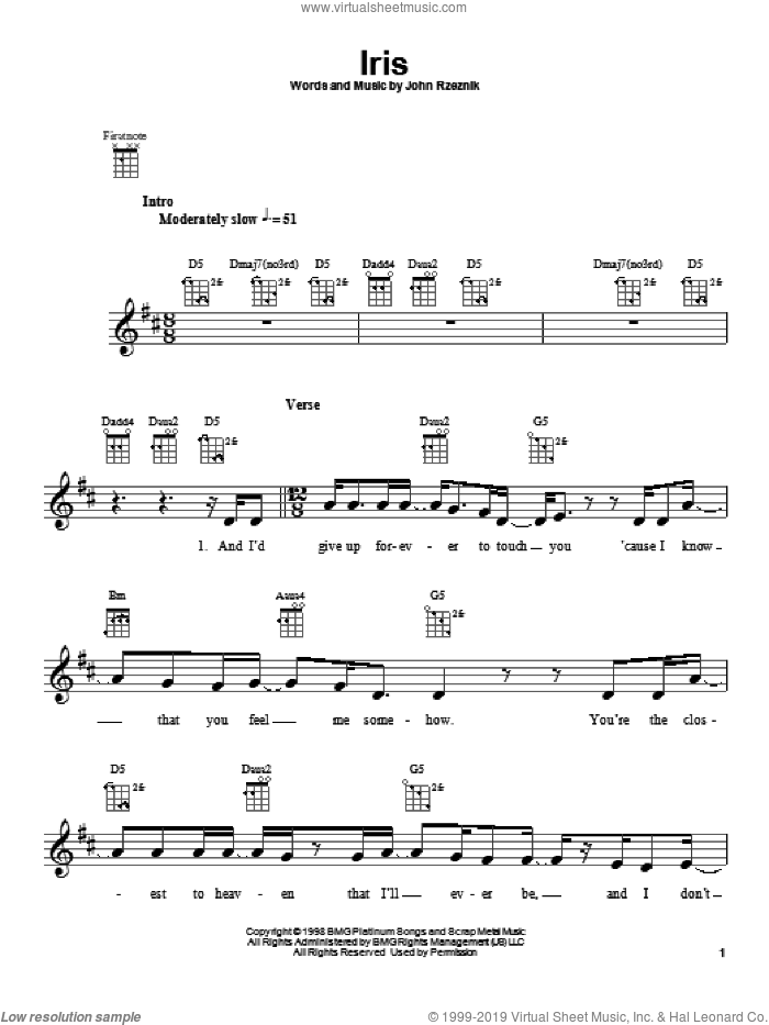 Iris sheet music for ukulele by Goo Goo Dolls and John Rzeznik, intermediate skill level