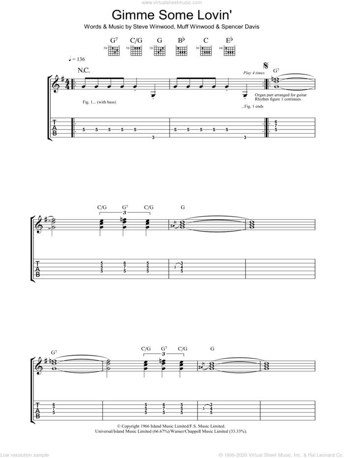 Gimme Some Lovin' sheet music for guitar (tablature) by The Spencer Davis Group, Muff Winwood, Spencer Davis and Steve Winwood, intermediate skill level
