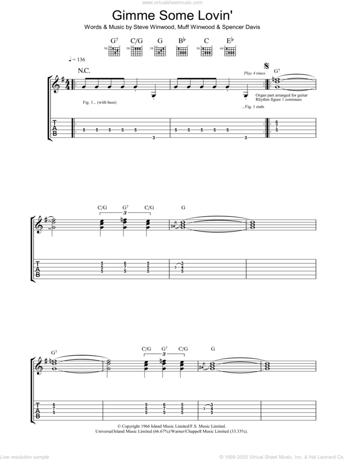 Gimme Some Lovin' sheet music for guitar (tablature) by The Spencer Davis Group, Muff Winwood, Spencer Davis and Steve Winwood, intermediate skill level