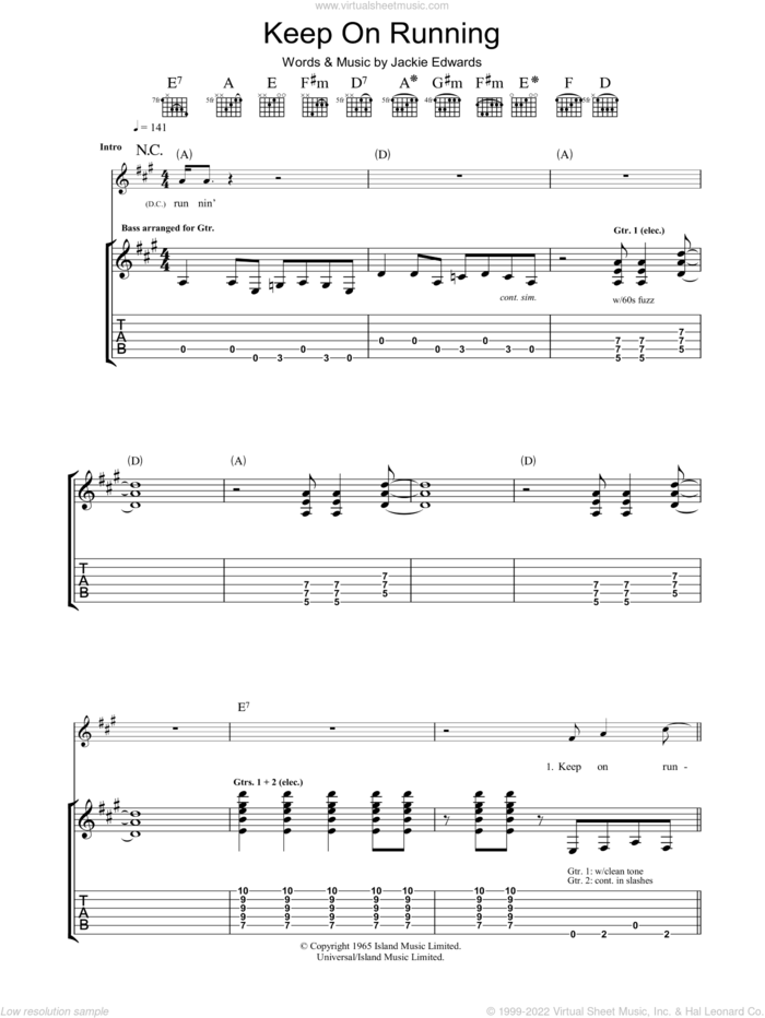 Keep On Running sheet music for guitar (tablature) by The Spencer Davis Group and Jackie Edwards, intermediate skill level