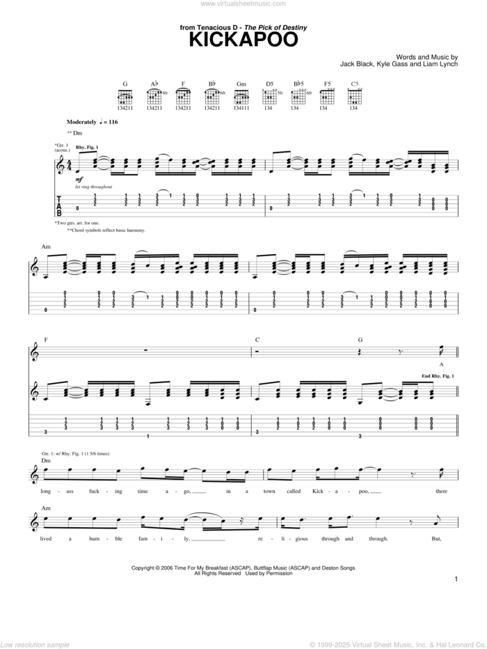 Kickapoo sheet music for guitar (tablature) by Tenacious D, Jack Black, Kyle Gass and Liam Lynch, intermediate skill level