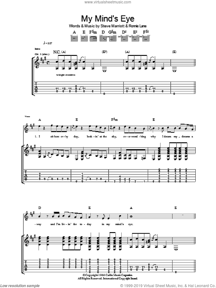 My Mind's Eye sheet music for guitar (tablature) by The Small Faces, Ronnie Lane and Steve Marriott, intermediate skill level