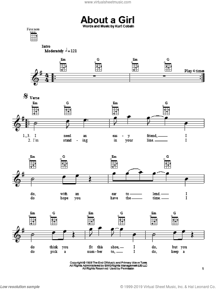 About A Girl sheet music for ukulele by Nirvana and Kurt Cobain, intermediate skill level
