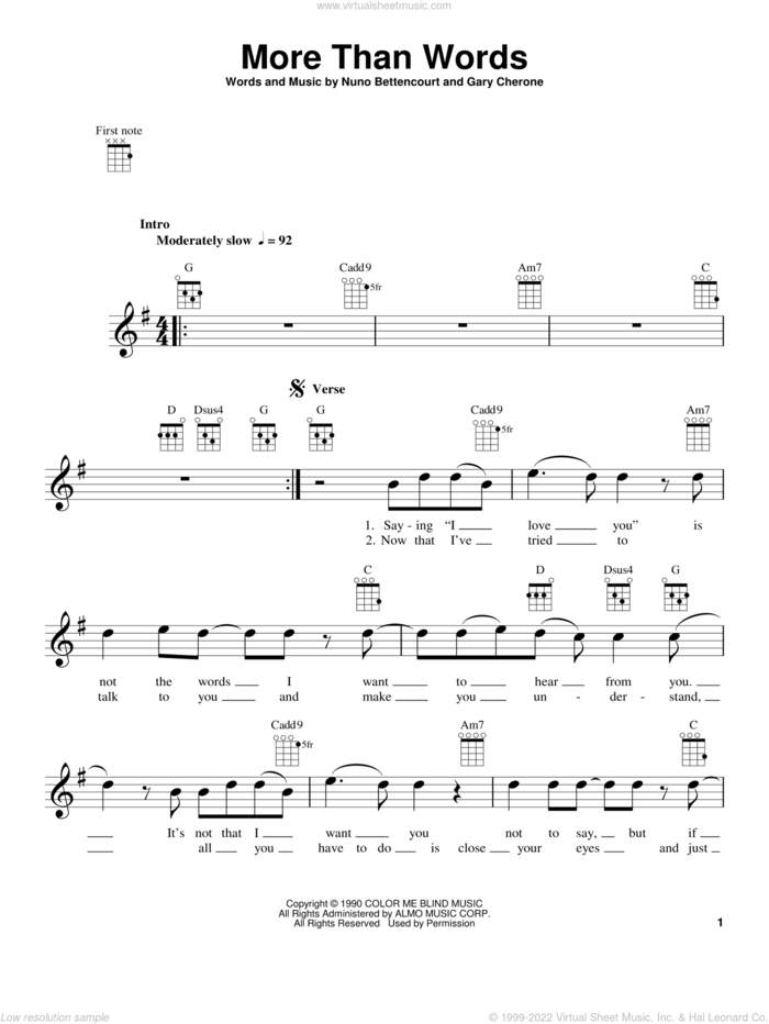 More Than Words sheet music for ukulele by Extreme, Gary Cherone and Nuno Bettencourt, intermediate skill level