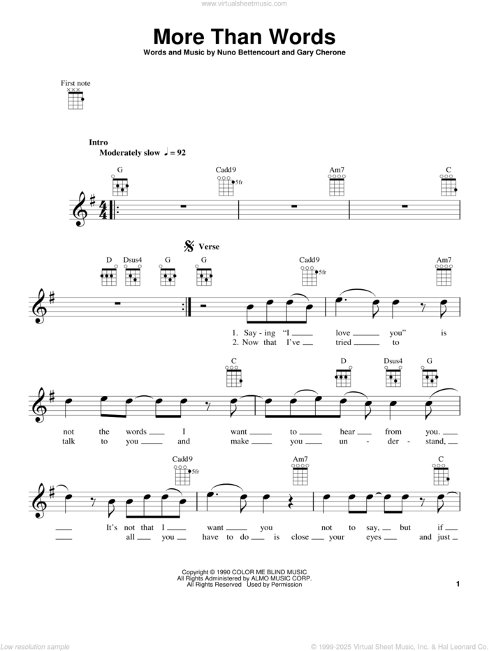 More Than Words sheet music for ukulele by Extreme, Gary Cherone and Nuno Bettencourt, intermediate skill level