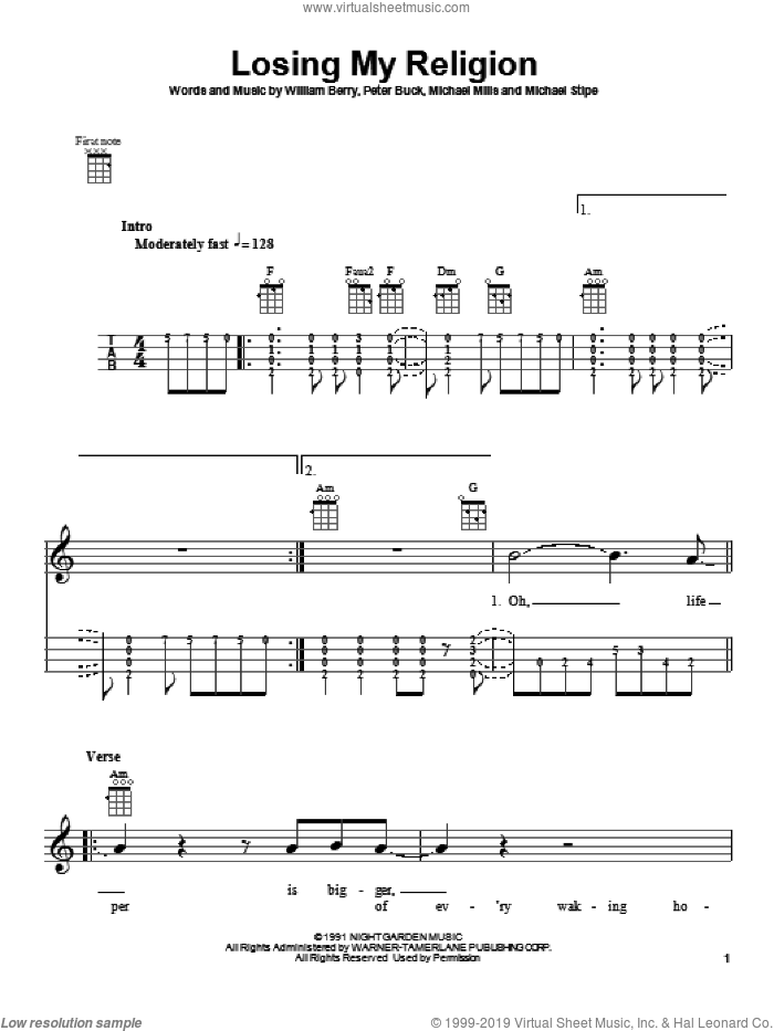 Losing My Religion sheet music for ukulele by R.E.M., Michael Stipe, Peter Buck and William Berry, intermediate skill level