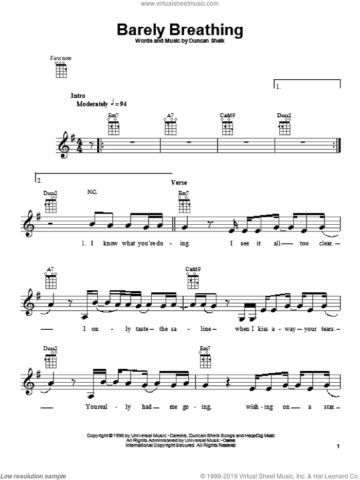 Barely Breathing sheet music for ukulele by Duncan Sheik, intermediate skill level