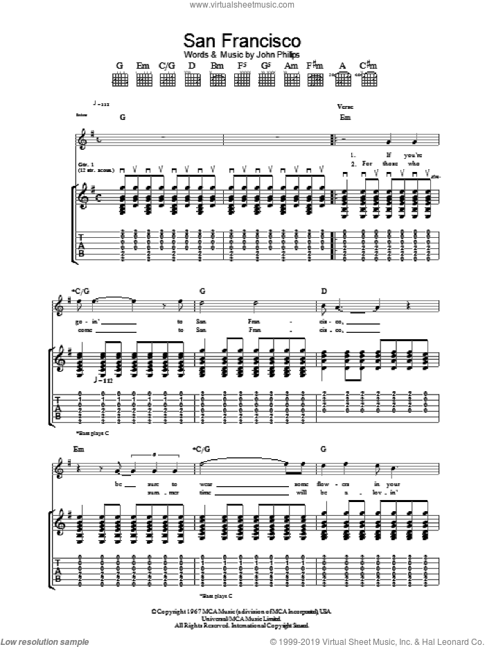 San Francisco (Be Sure To Wear Some Flowers In Your Hair) sheet music for guitar (tablature) by Scott McKenzie and John Phillips, intermediate skill level