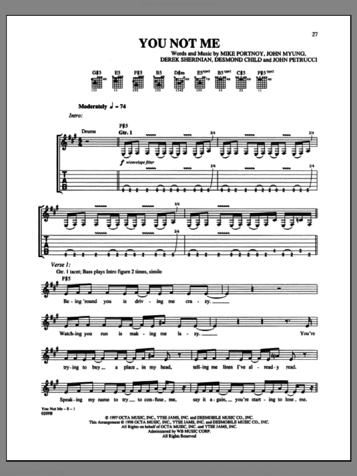 You Not Me sheet music for guitar (tablature) by Dream Theater, Derek Sherinian, Desmond Child, John Myung, John Petrucci and Michael Portnoy, intermediate skill level