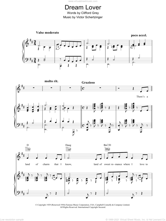Dream Lover sheet music for voice, piano or guitar by Clifford Grey and Victor Schertzinger, intermediate skill level