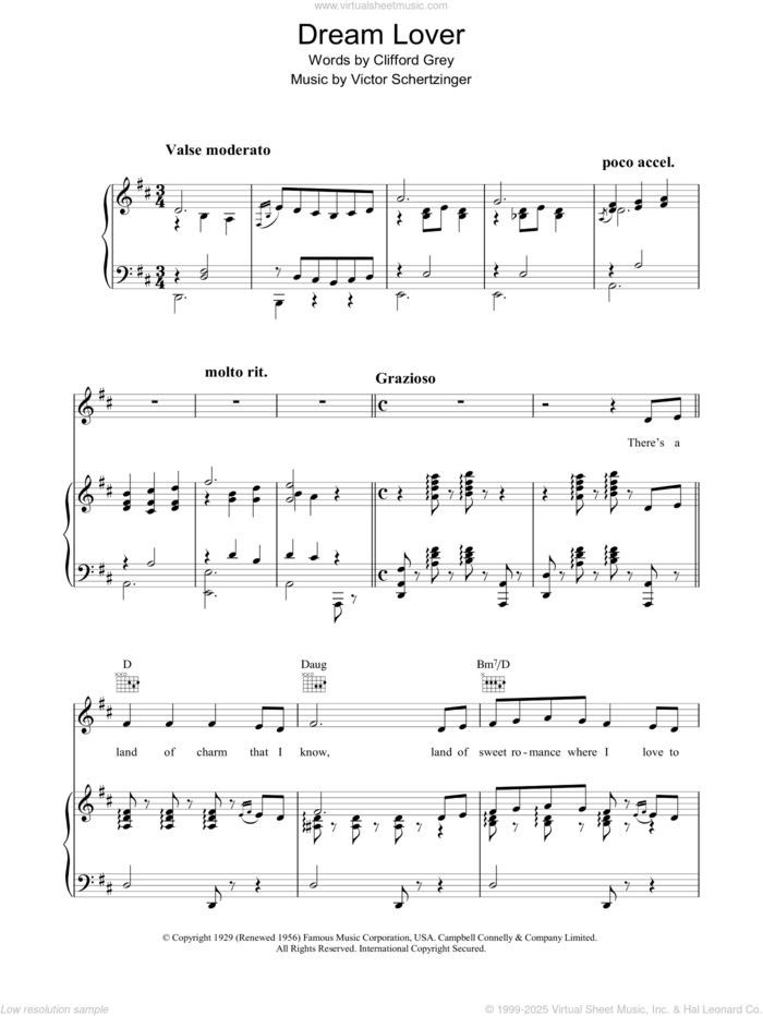 Dream Lover sheet music for voice, piano or guitar by Clifford Grey and Victor Schertzinger, intermediate skill level