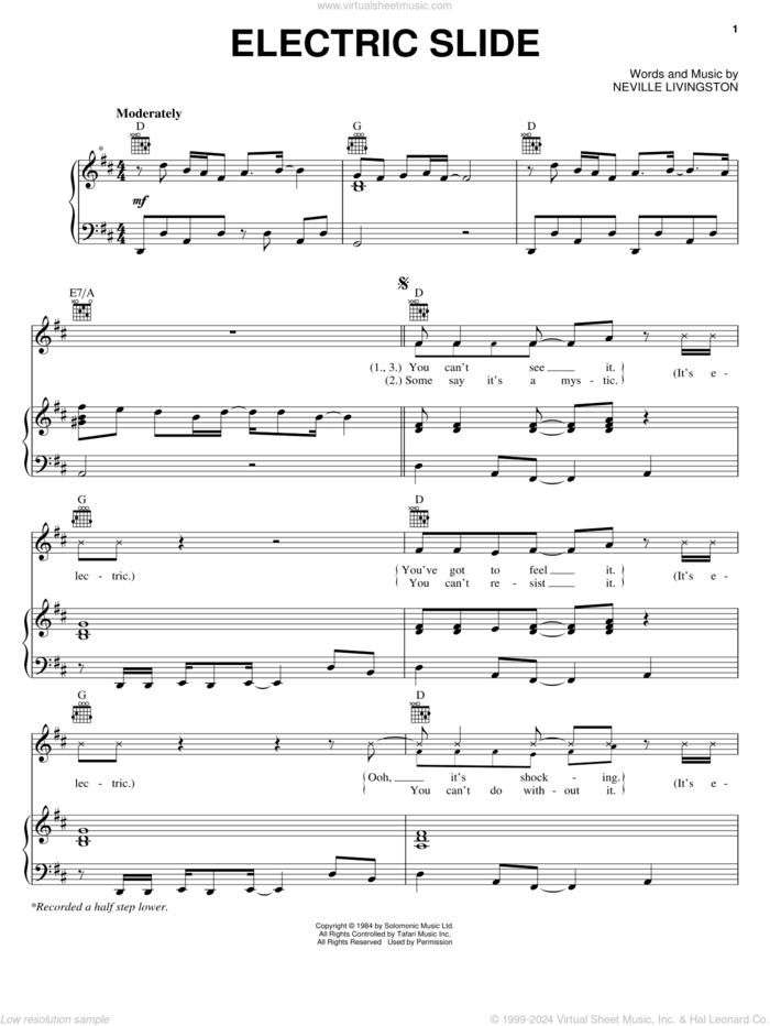 Electric Slide sheet music for voice, piano or guitar by Neville Livingston, intermediate skill level