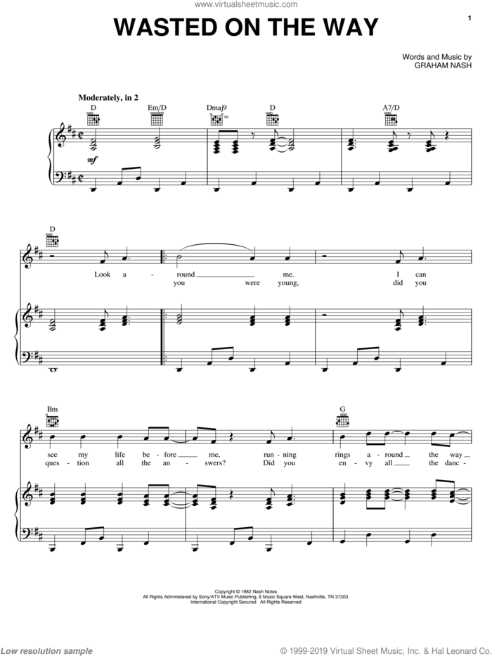 Wasted On The Way sheet music for voice, piano or guitar by Crosby, Stills & Nash and Graham Nash, intermediate skill level