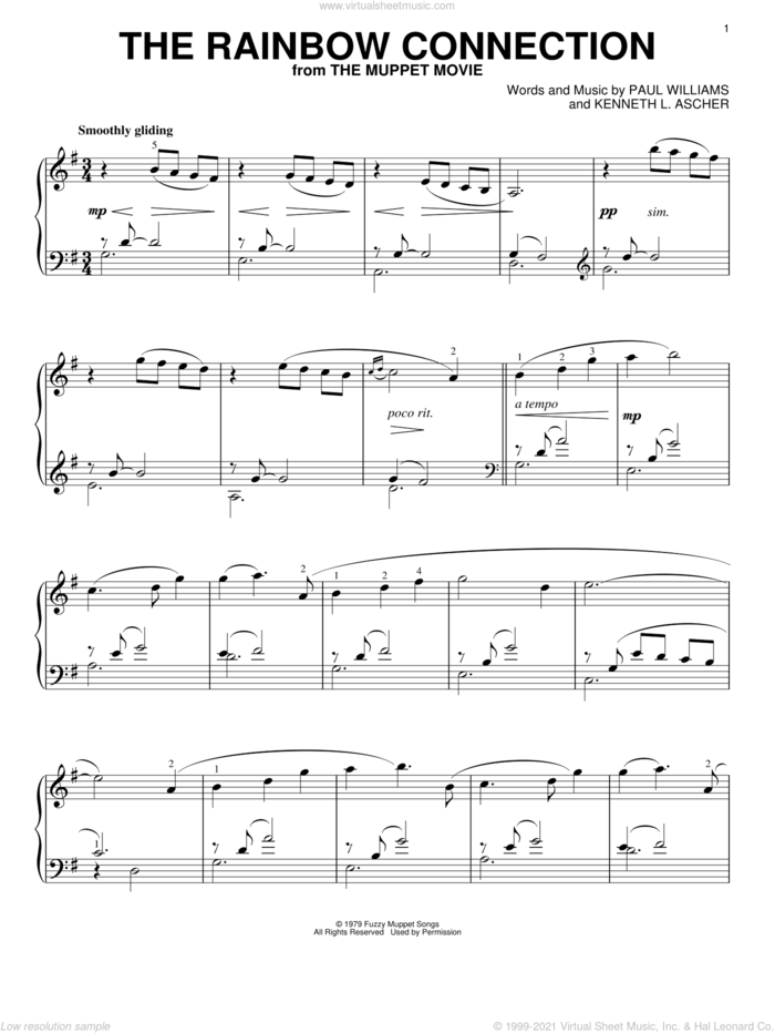 The Rainbow Connection (from The Muppet Movie) sheet music for piano solo by Paul Williams and Kenneth L. Ascher, intermediate skill level
