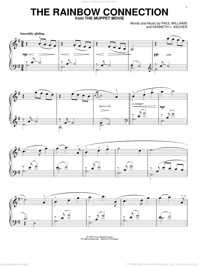 The Rainbow Connection (from The Muppet Movie) sheet music for piano solo by Paul Williams and Kenneth L. Ascher, intermediate skill level