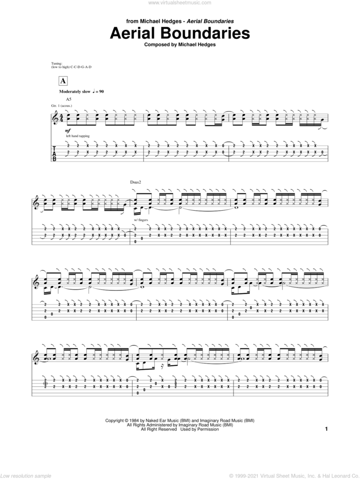 Aerial Boundaries sheet music for guitar (tablature) by Michael Hedges, intermediate skill level