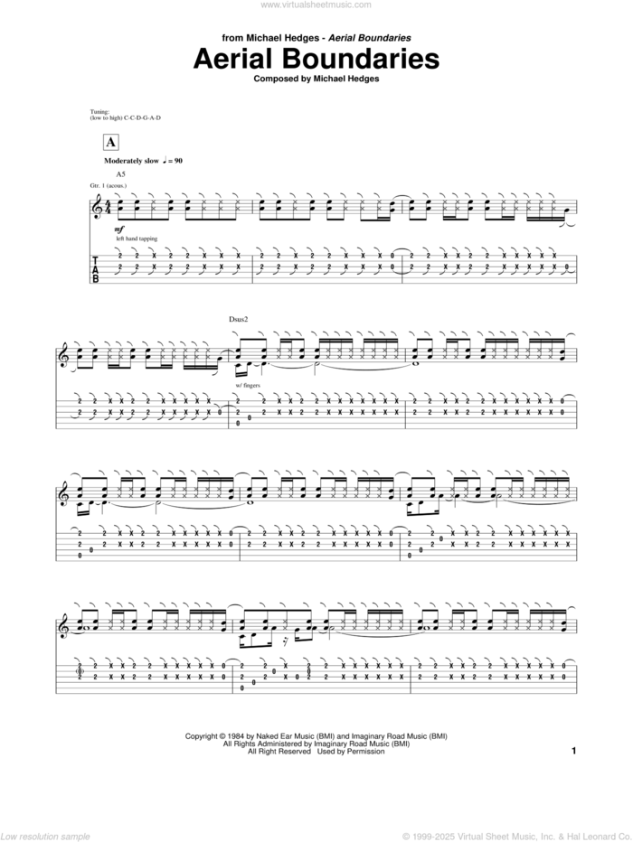 Aerial Boundaries sheet music for guitar (tablature) by Michael Hedges, intermediate skill level