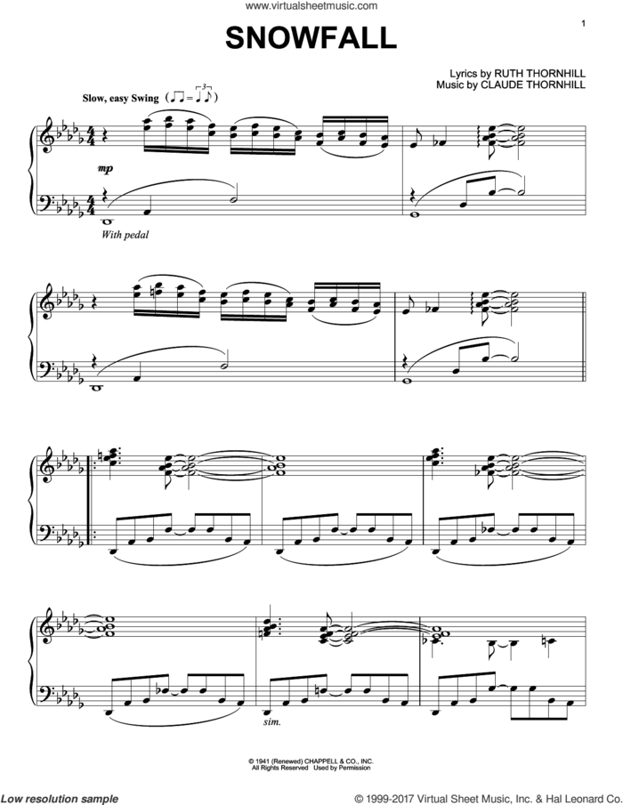 Snowfall, (intermediate) sheet music for piano solo by Tony Bennett, Claude Thornhill and Ruth Thornhill, intermediate skill level
