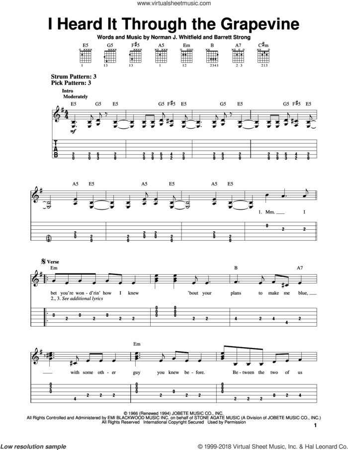 I Heard It Through The Grapevine sheet music for guitar solo (easy tablature) by Creedence Clearwater Revival, Gladys Knight & The Pips, Marvin Gaye, Michael McDonald, Barrett Strong and Norman Whitfield, easy guitar (easy tablature)