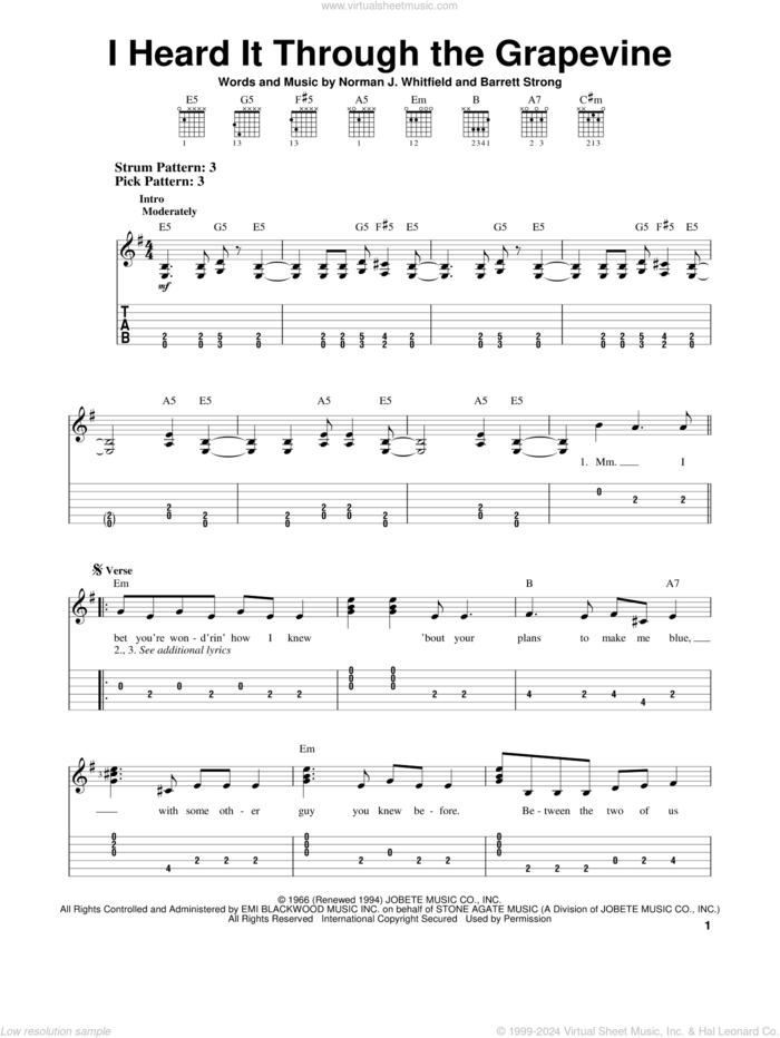 I Heard It Through The Grapevine sheet music for guitar solo (easy tablature) by Creedence Clearwater Revival, Gladys Knight & The Pips, Marvin Gaye, Michael McDonald, Barrett Strong and Norman Whitfield, easy guitar (easy tablature)