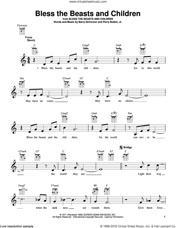 Bless The Beasts And Children sheet music for ukulele by Perry Botkin, Jr., Carpenters and Barry DeVorzon, intermediate skill level