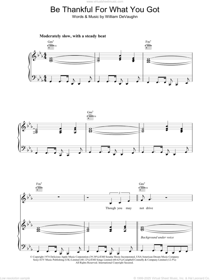 Be Thankful For What You Got sheet music for voice, piano or guitar by Massive Attack and William DeVaughn, intermediate skill level