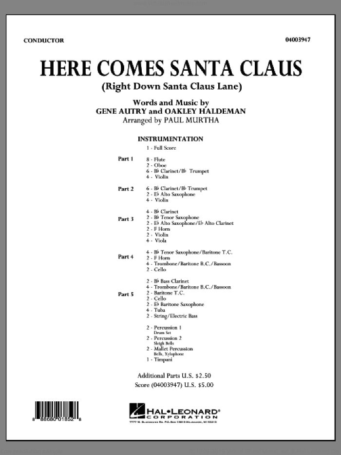 Here Comes Santa Claus (Right Down Santa Claus Lane) (COMPLETE) sheet music for concert band by Paul Murtha, Gene Autry and Oakley Haldeman, intermediate skill level