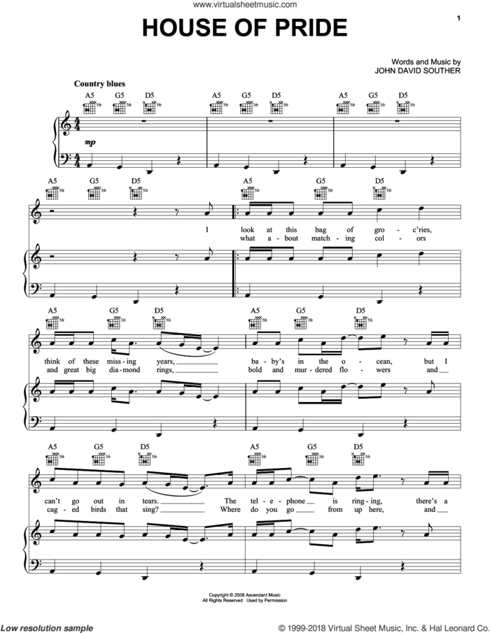 House Of Pride sheet music for voice, piano or guitar by John David Souther, intermediate skill level