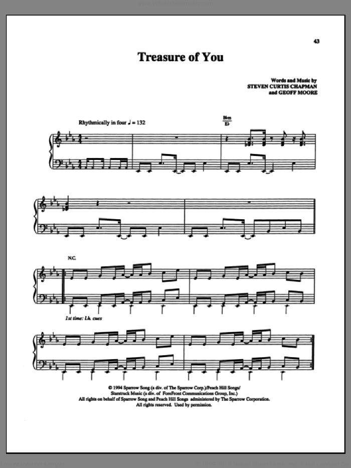 Treasure Of You sheet music for voice, piano or guitar by Steven Curtis Chapman and Geoff Moore, intermediate skill level