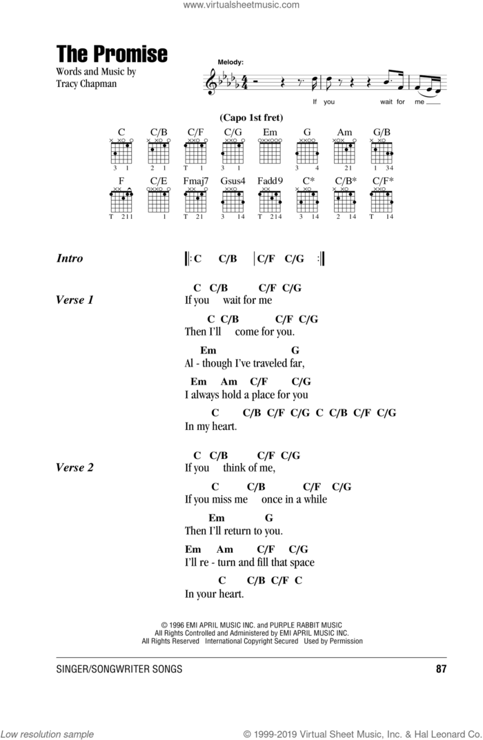 The Promise sheet music for guitar (chords) by Tracy Chapman, intermediate skill level
