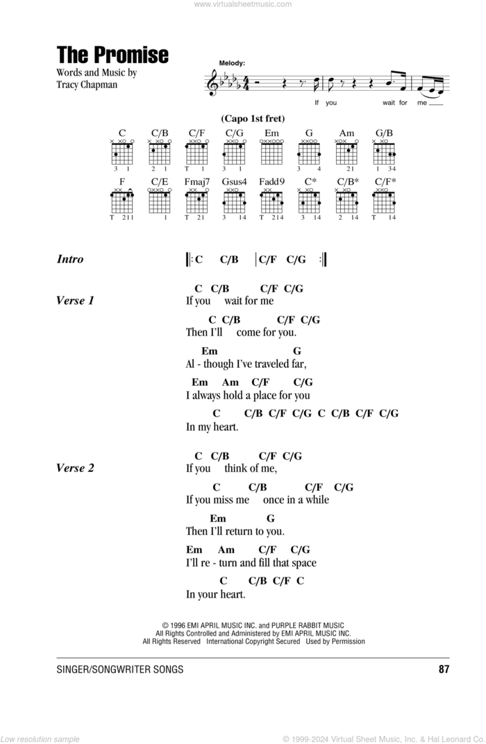 The Promise sheet music for guitar (chords) by Tracy Chapman, intermediate skill level