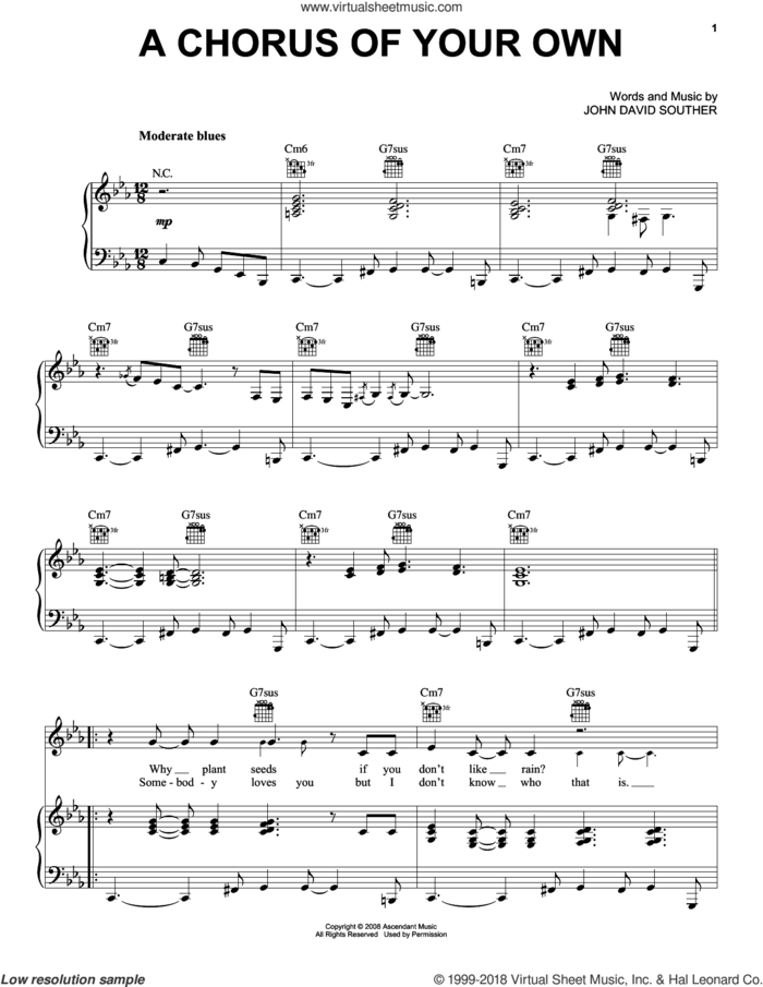A Chorus Of Your Own sheet music for voice, piano or guitar by John David Souther, intermediate skill level